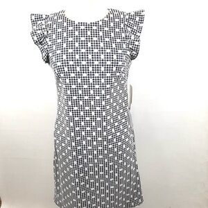 Eliza J Black Blue and White Sheath Dress with Flutter Cap Sleeves 8